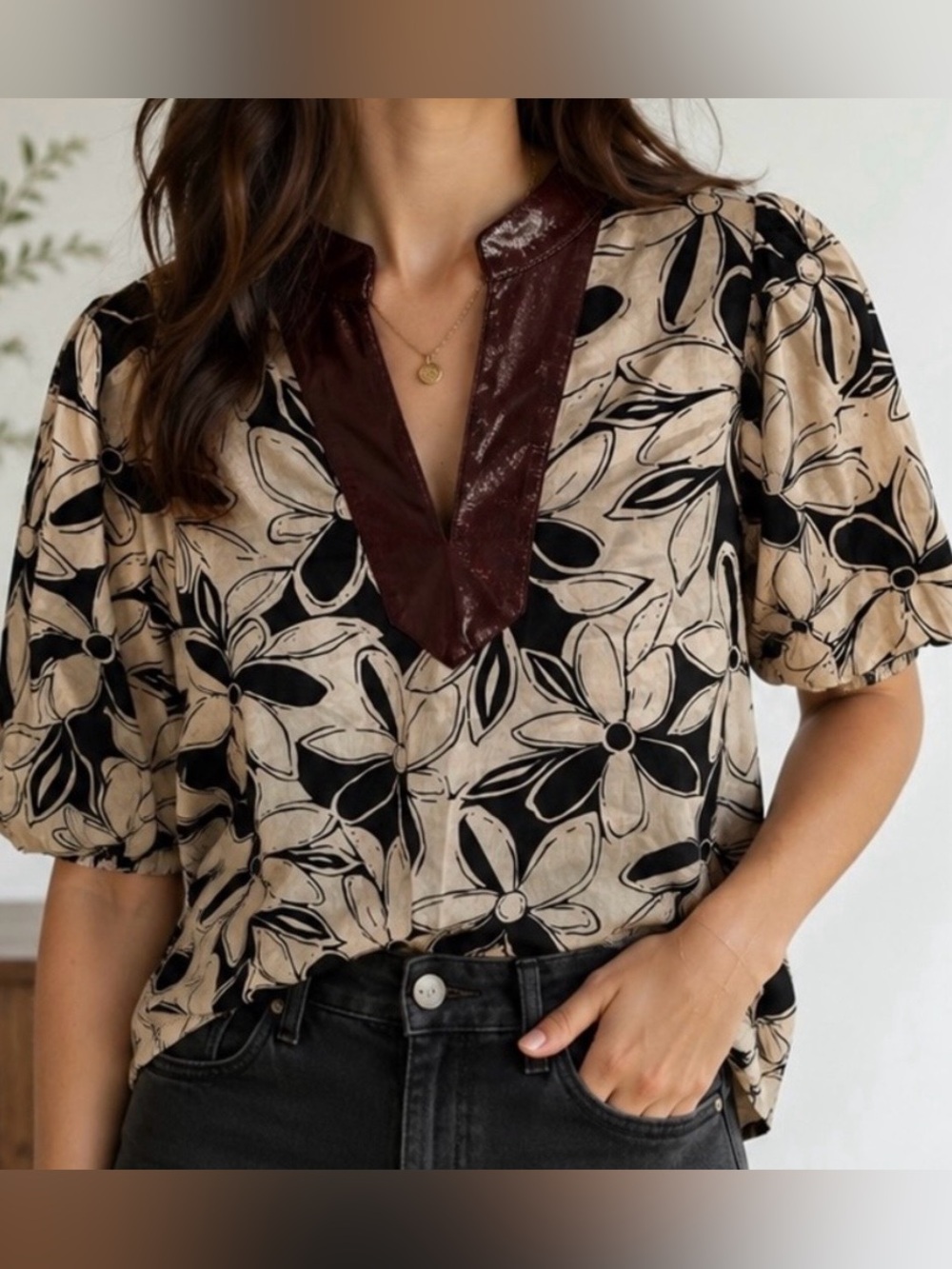 THML Faux Leather Trim Top